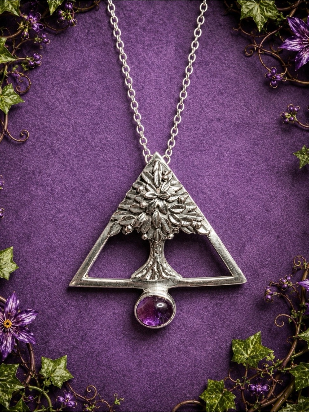 🤩Pendant 3D Tree of Life Triangle 925 Sterling Silver Amethyst Gemstone Necklace